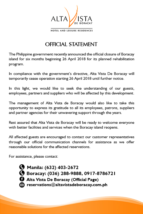 Boracay Closure: Alta Vista de Boracay Official Statement